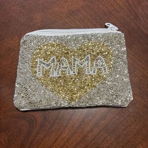 Beaded “Mama” Card Wallet Coin Purse With Zip Closure Silver & Gold Beads 4x5in